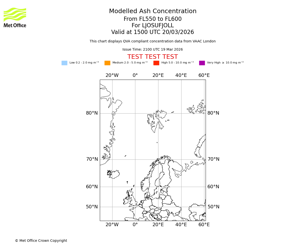 Modelled ash concentration from 550 to 600 for LJOSUFJOLL. Valid at 1500 UTC 20/03/2026