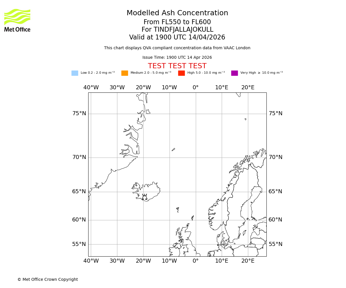 Modelled ash concentration from 550 to 600 for TINDFJALLAJOKULL. Valid at 1900 UTC 14/04/2026