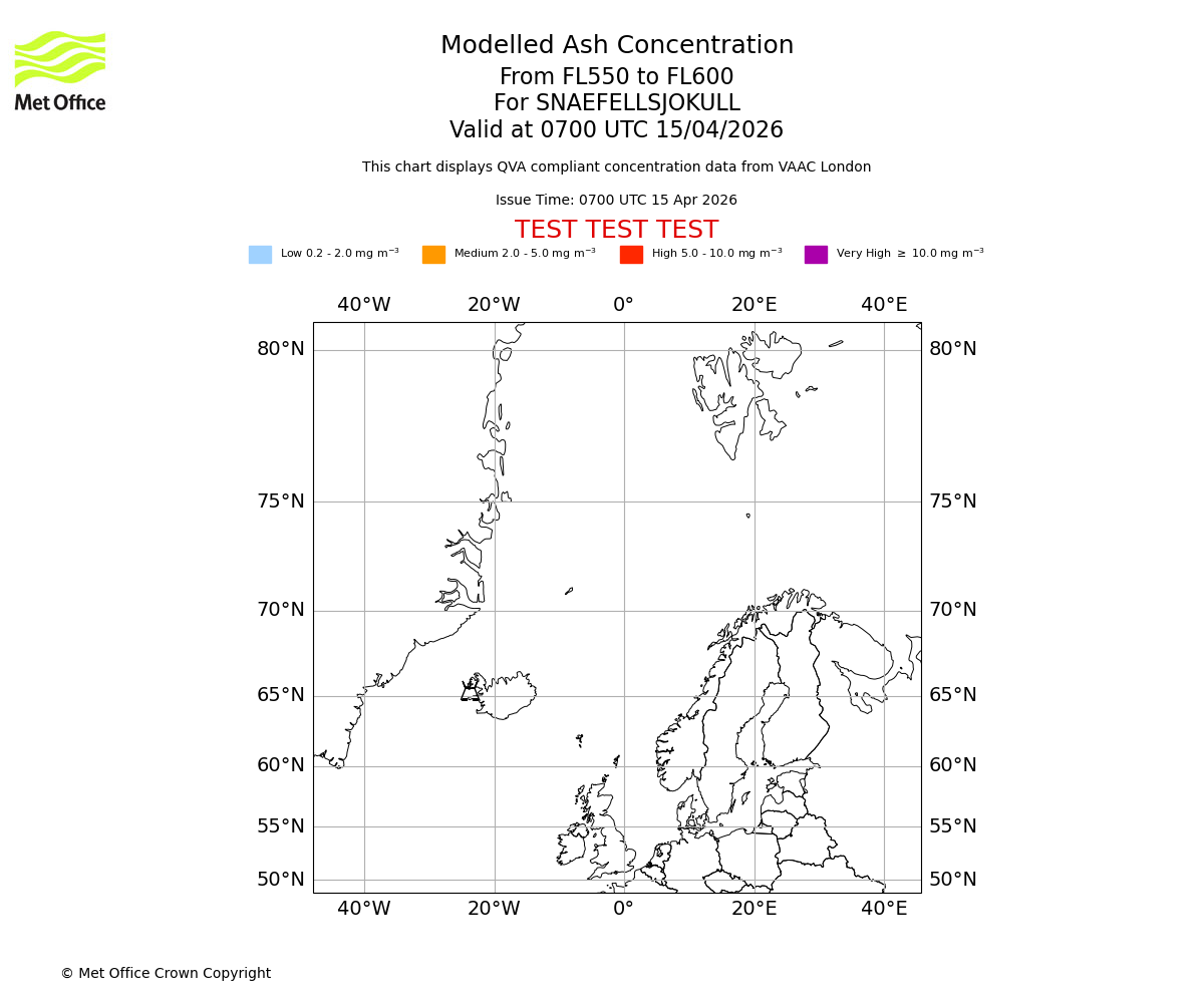 Modelled ash concentration from 550 to 600 for SNAEFELLSJOKULL. Valid at 0700 UTC 15/04/2026