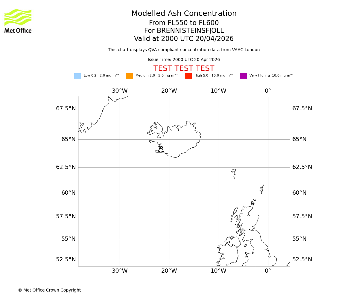 Modelled ash concentration from 550 to 600 for BRENNISTEINSFJOLL. Valid at 2000 UTC 20/04/2026