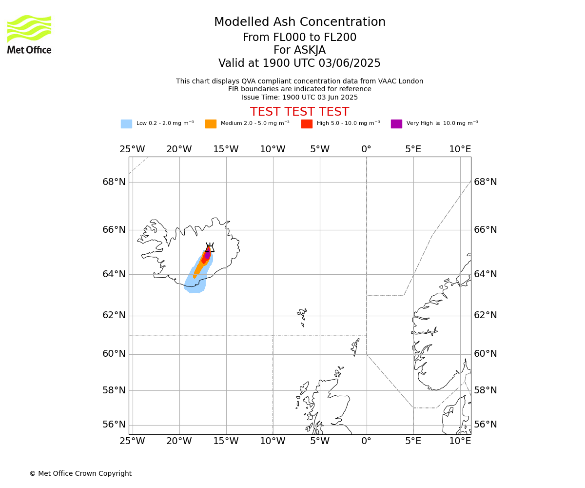 Modelled ash concentration from 000 to 200 for ASKJA. Valid at 1900 UTC 03/06/2025