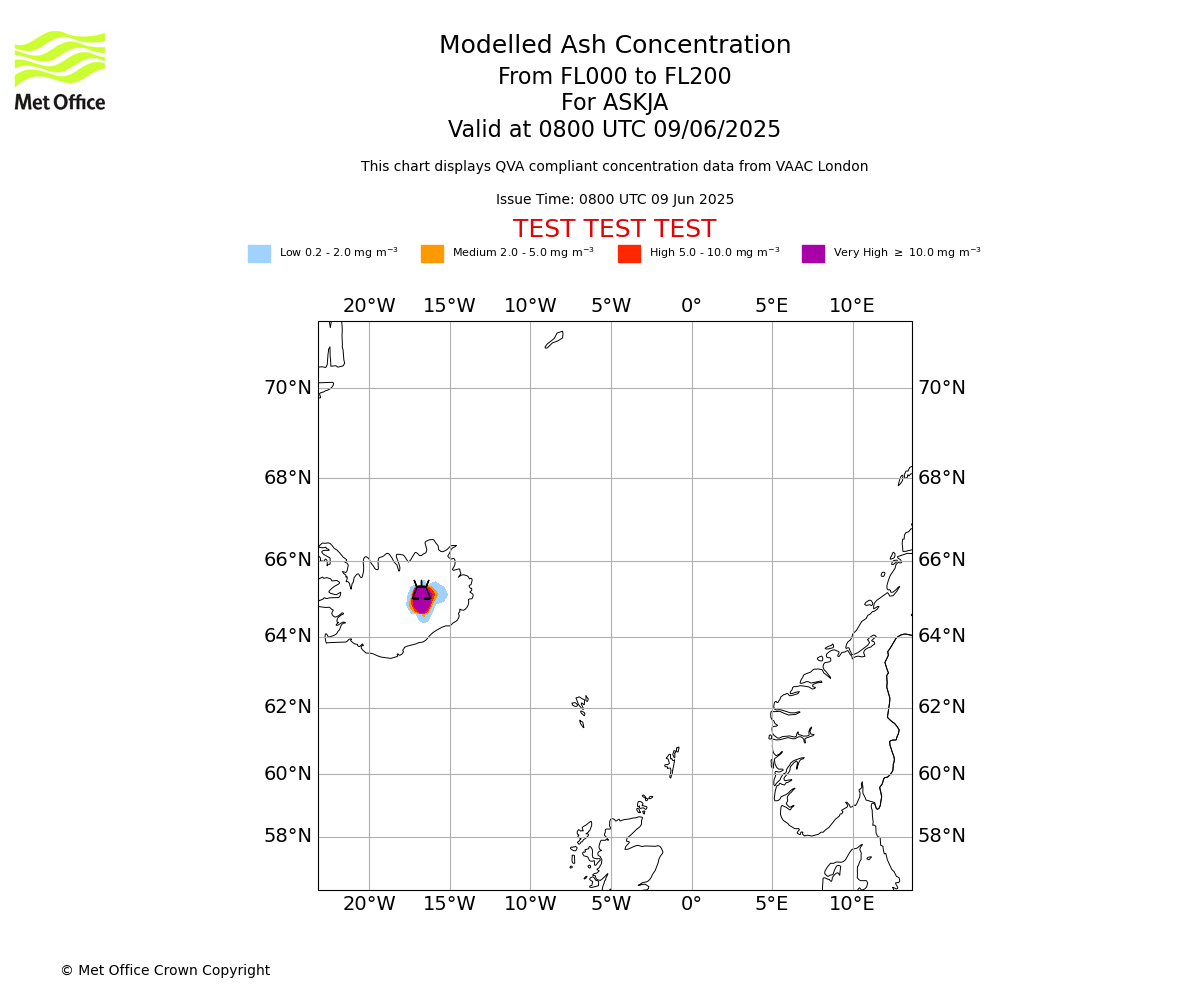 Modelled ash concentration from 000 to 200 for ASKJA. Valid at 0800 UTC 09/06/2025