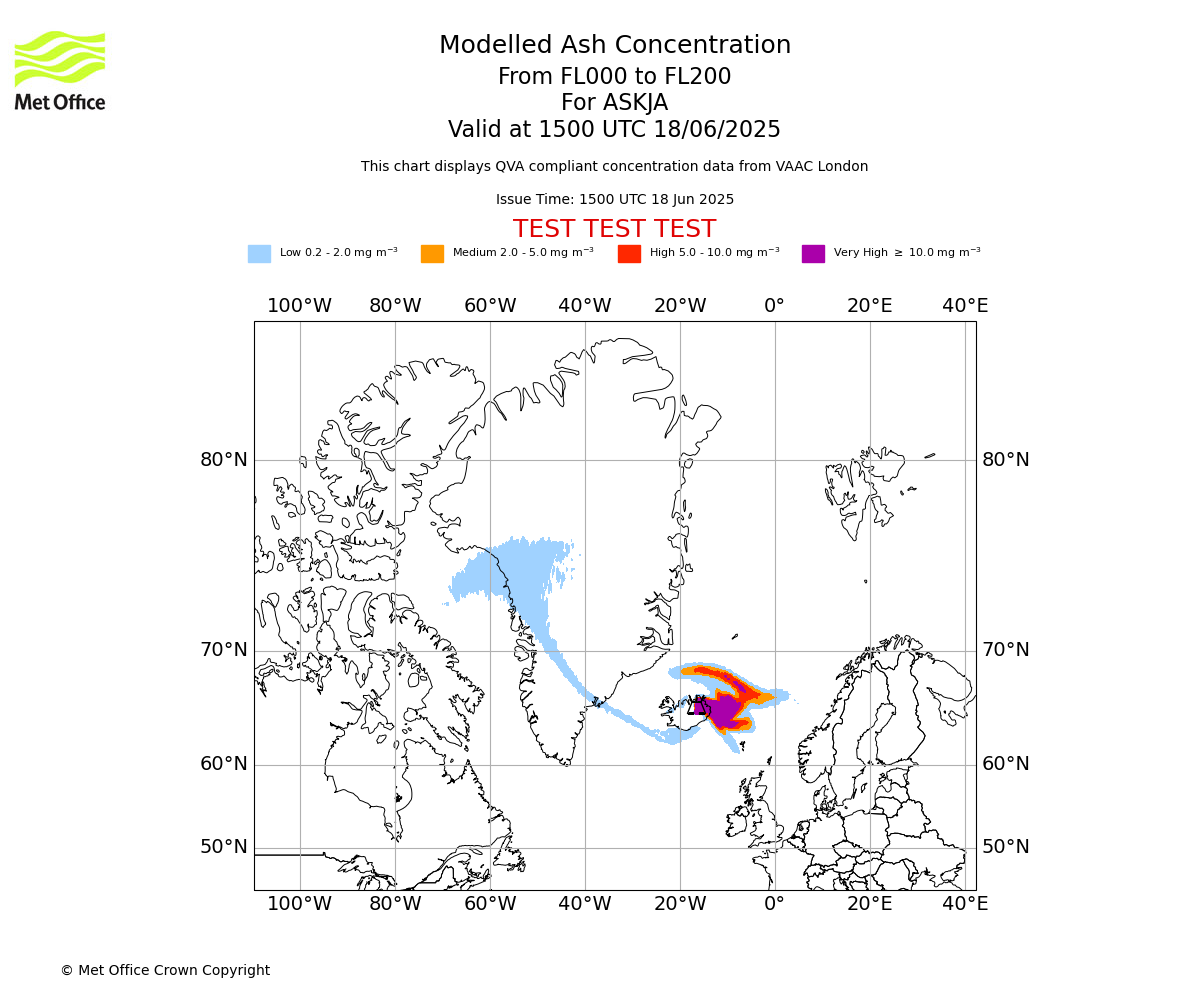 Modelled ash concentration from 000 to 200 for ASKJA. Valid at 1500 UTC 18/06/2025