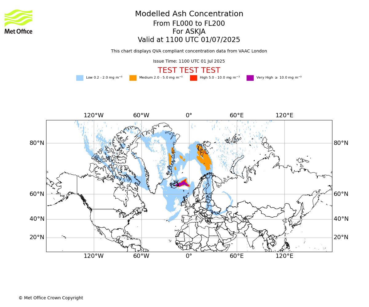 Modelled ash concentration from 000 to 200 for ASKJA. Valid at 1100 UTC 01/07/2025
