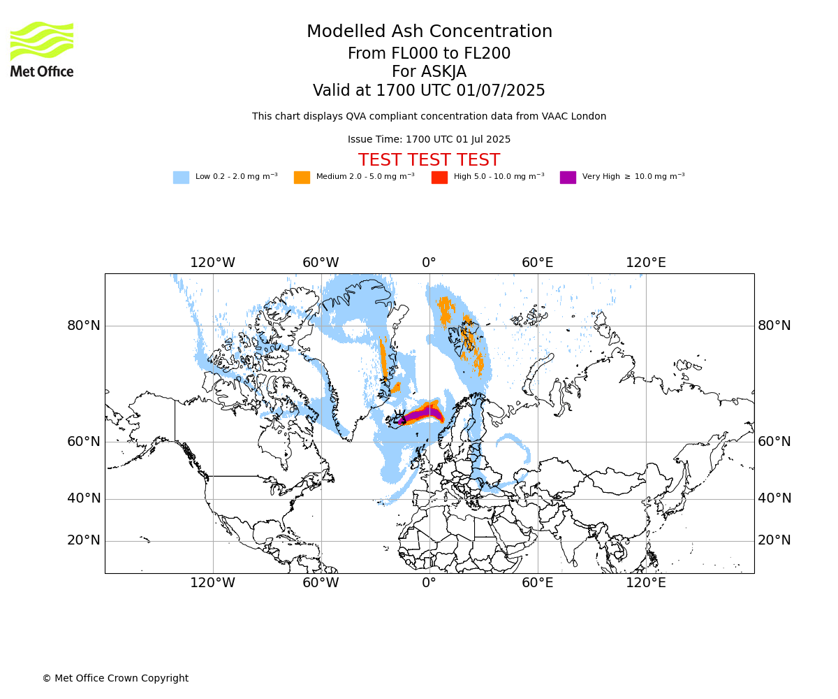 Modelled ash concentration from 000 to 200 for ASKJA. Valid at 1700 UTC 01/07/2025