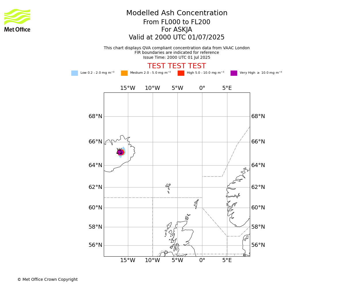 Modelled ash concentration from 000 to 200 for ASKJA. Valid at 2000 UTC 01/07/2025