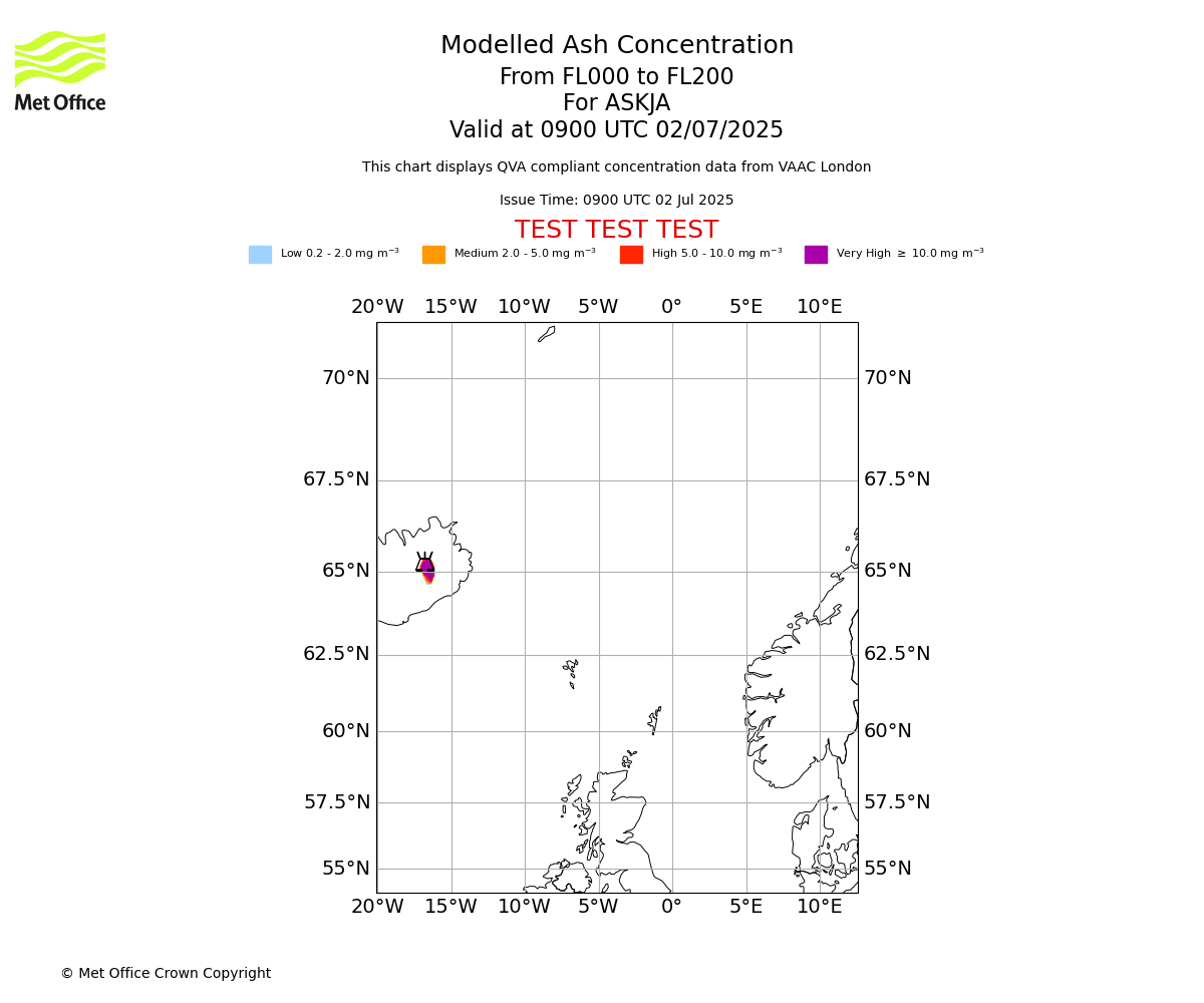 Modelled ash concentration from 000 to 200 for ASKJA. Valid at 0900 UTC 02/07/2025