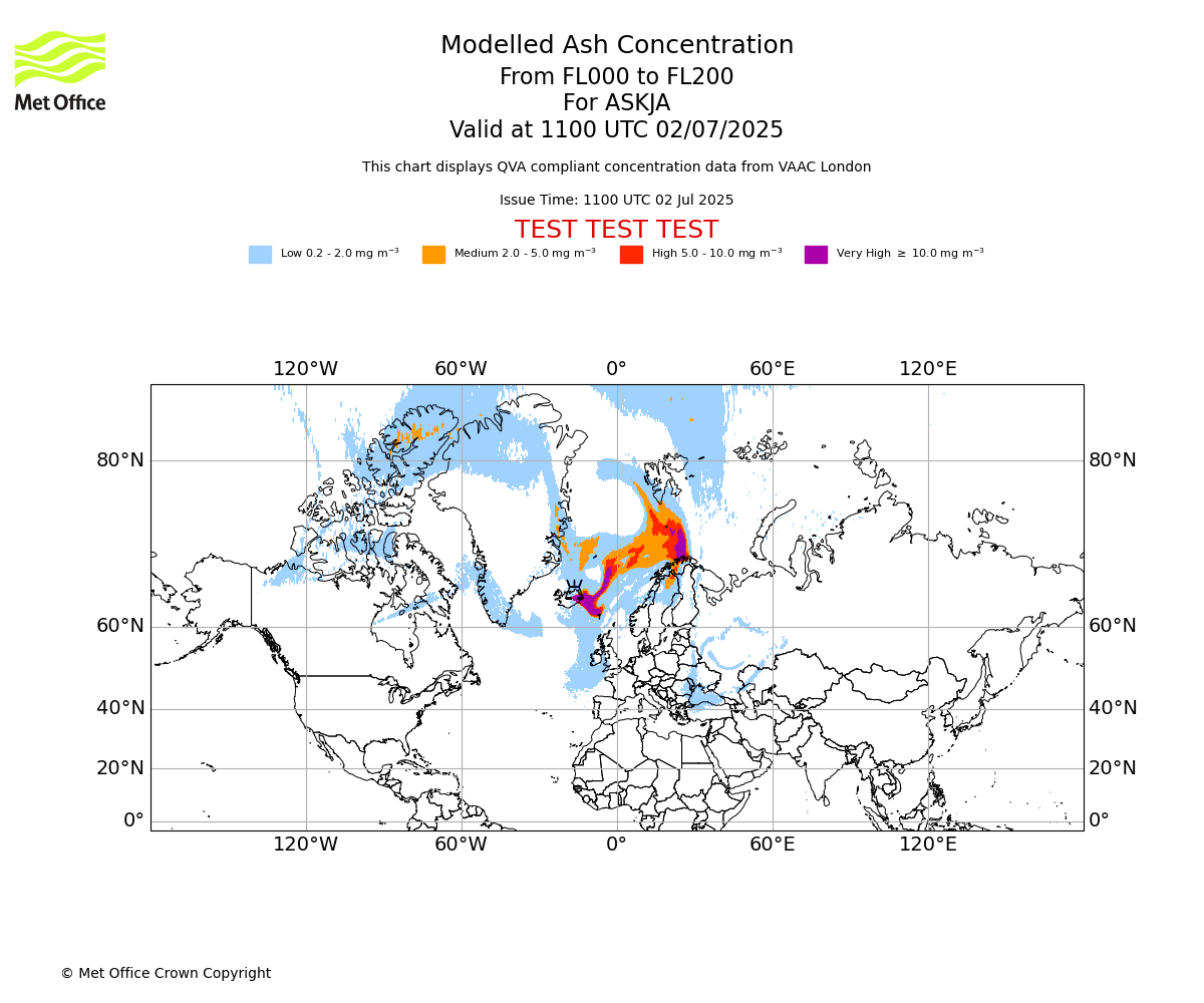 Modelled ash concentration from 000 to 200 for ASKJA. Valid at 1100 UTC 02/07/2025