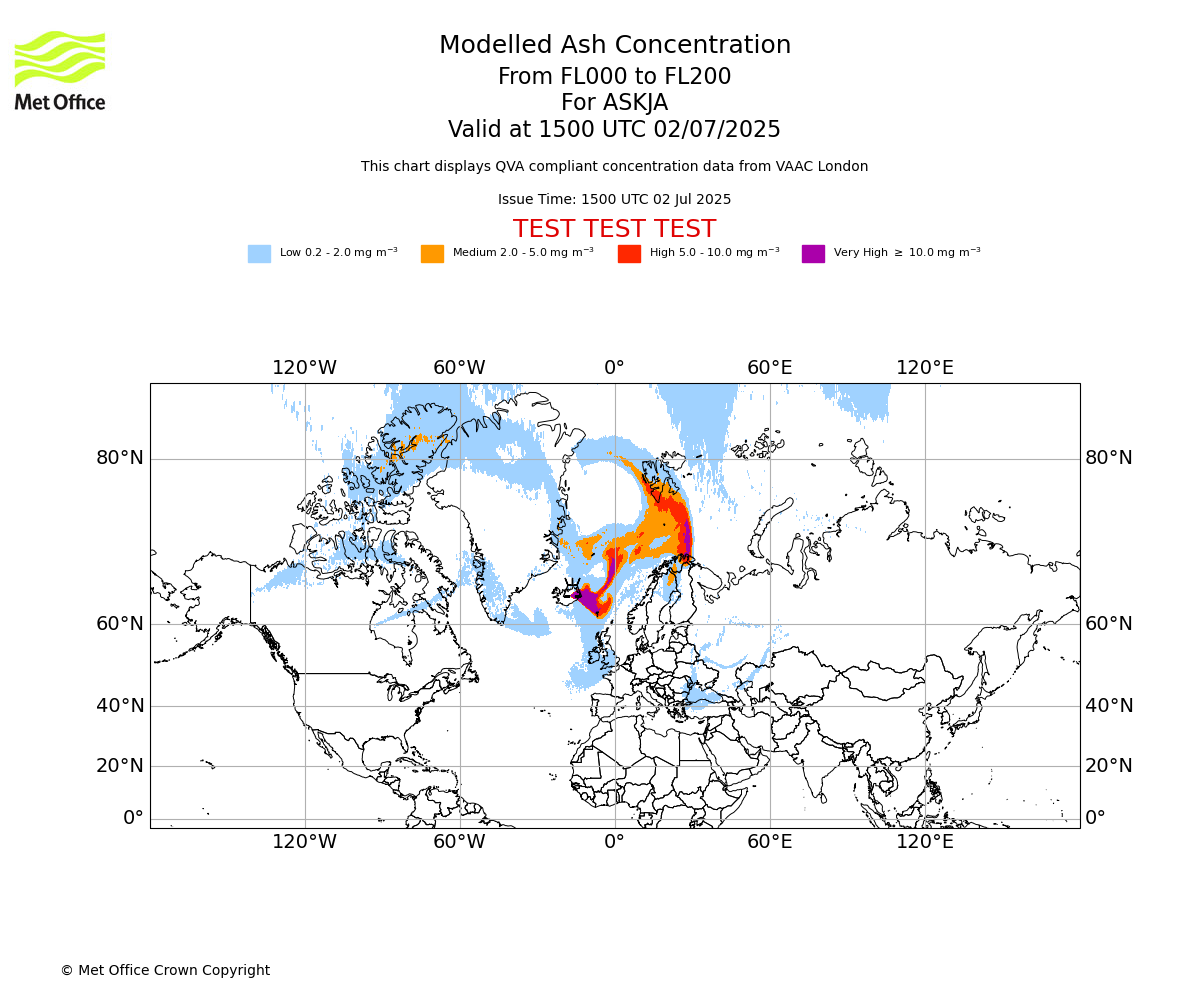 Modelled ash concentration from 000 to 200 for ASKJA. Valid at 1500 UTC 02/07/2025