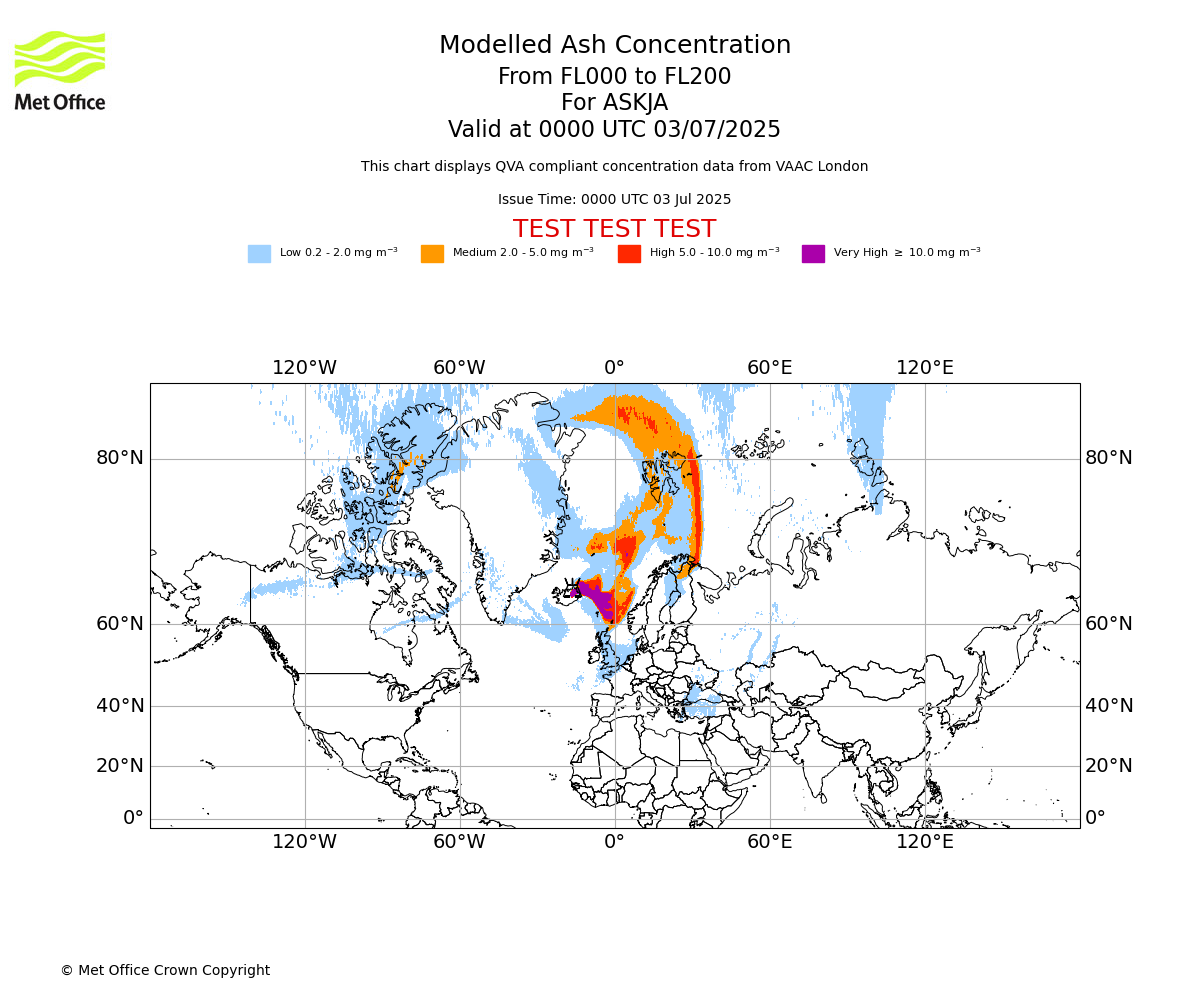 Modelled ash concentration from 000 to 200 for ASKJA. Valid at 0000 UTC 03/07/2025