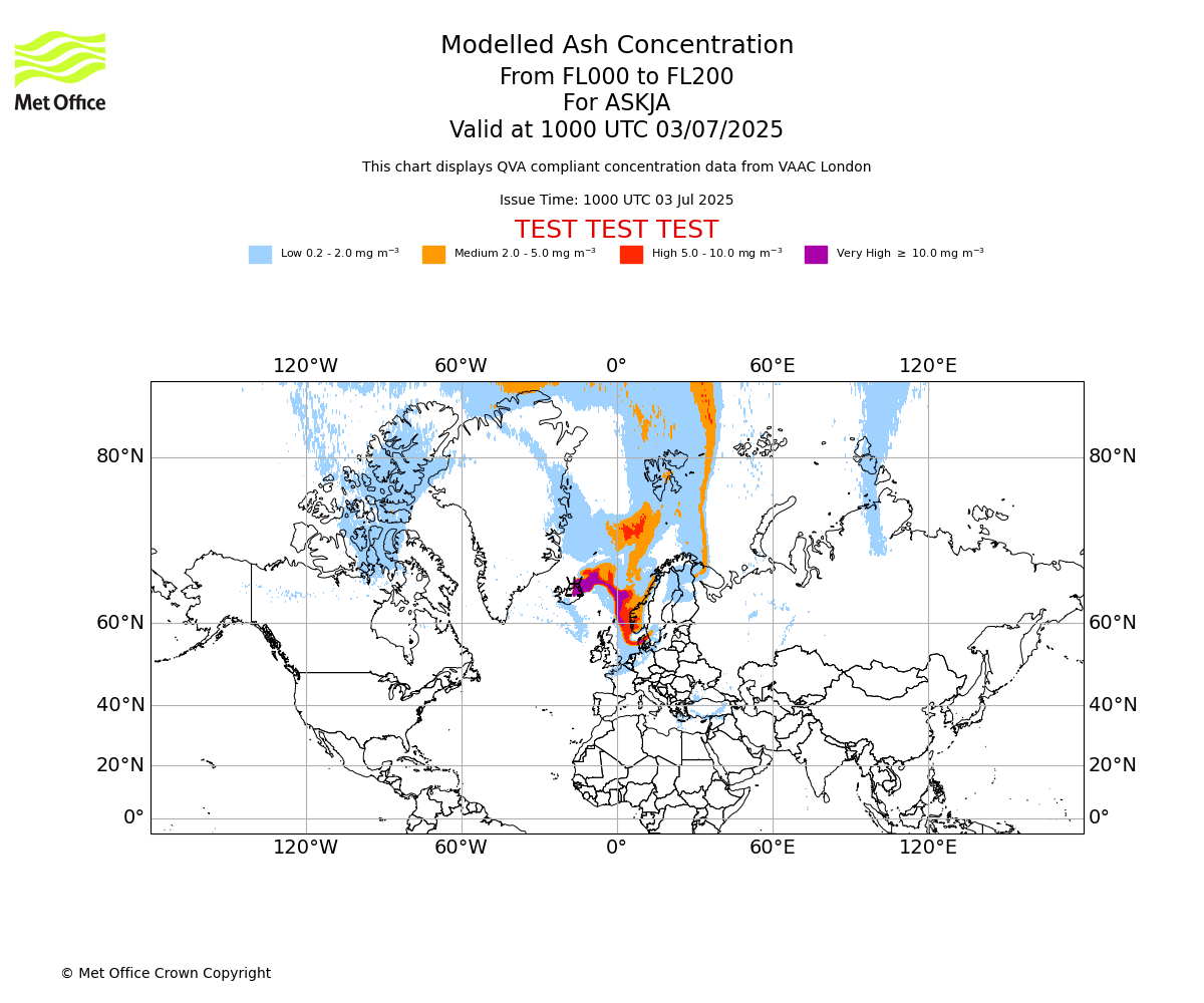 Modelled ash concentration from 000 to 200 for ASKJA. Valid at 1000 UTC 03/07/2025