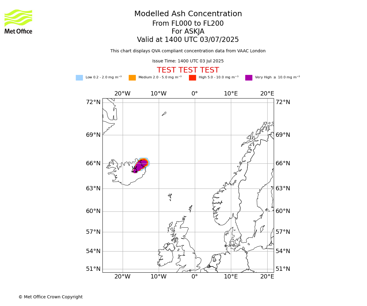Modelled ash concentration from 000 to 200 for ASKJA. Valid at 1400 UTC 03/07/2025