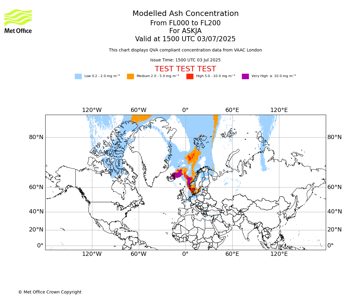 Modelled ash concentration from 000 to 200 for ASKJA. Valid at 1500 UTC 03/07/2025