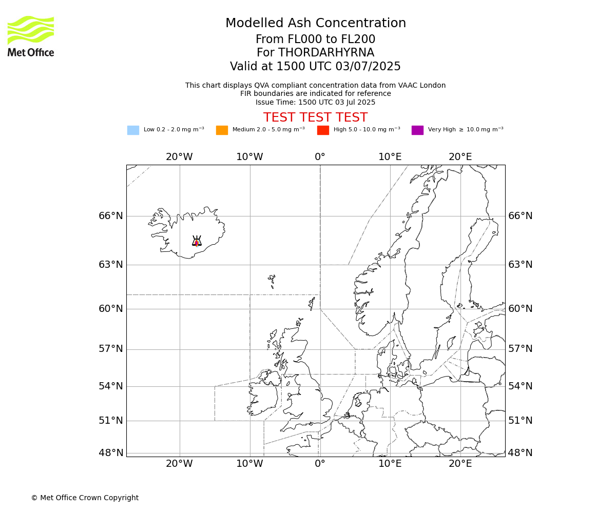 Modelled ash concentration from 000 to 200 for THORDARHYRNA. Valid at 1500 UTC 03/07/2025