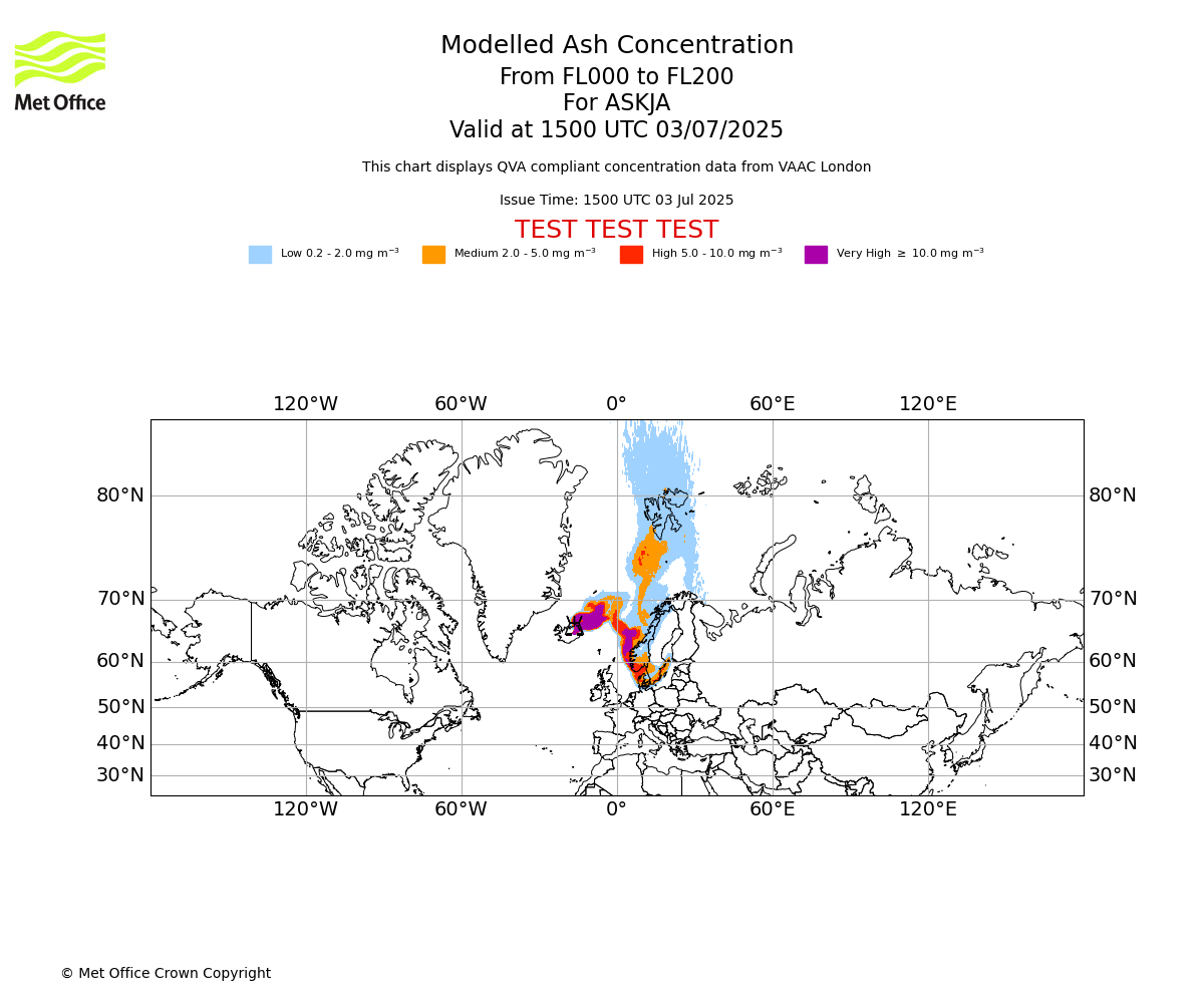 Modelled ash concentration from 000 to 200 for ASKJA. Valid at 1500 UTC 03/07/2025