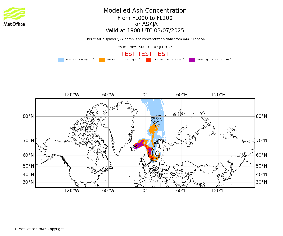 Modelled ash concentration from 000 to 200 for ASKJA. Valid at 1900 UTC 03/07/2025