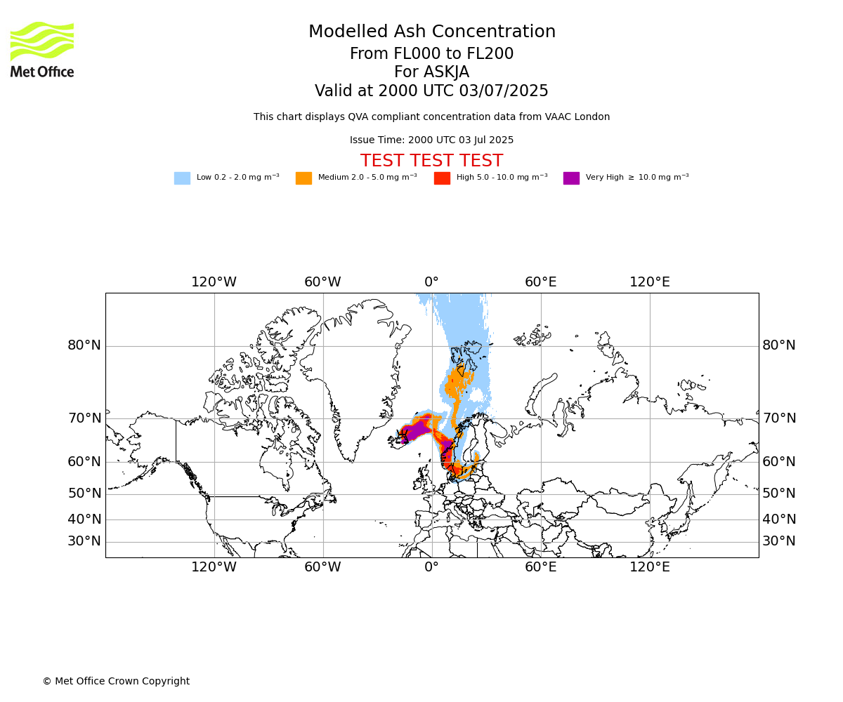 Modelled ash concentration from 000 to 200 for ASKJA. Valid at 2000 UTC 03/07/2025