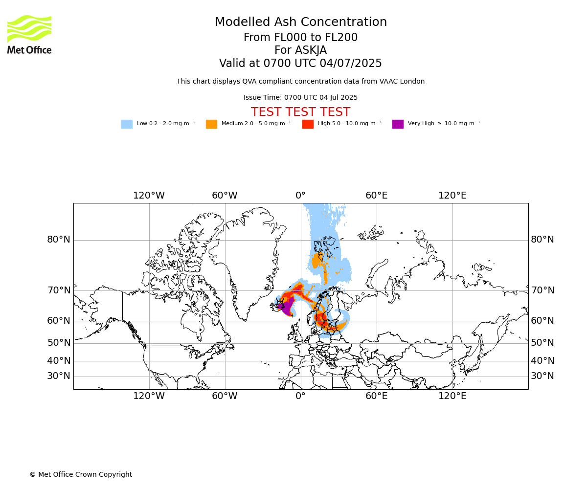 Modelled ash concentration from 000 to 200 for ASKJA. Valid at 0700 UTC 04/07/2025