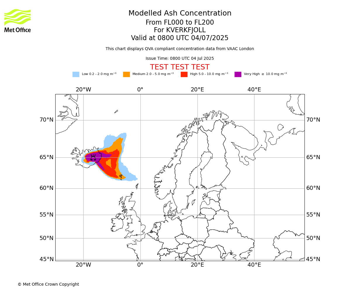 Modelled ash concentration from 000 to 200 for KVERKFJOLL. Valid at 0800 UTC 04/07/2025