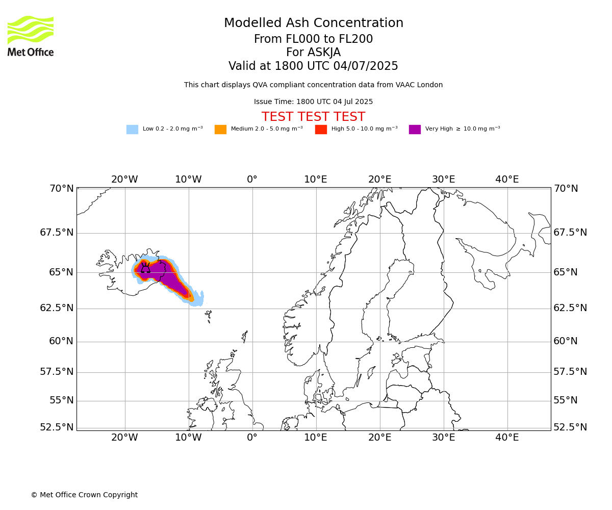 Modelled ash concentration from 000 to 200 for ASKJA. Valid at 1800 UTC 04/07/2025