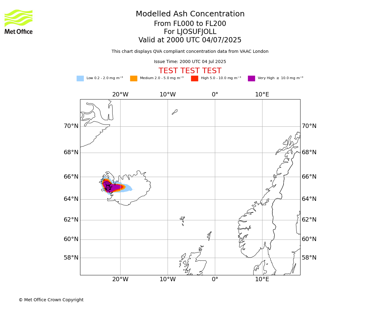 Modelled ash concentration from 000 to 200 for LJOSUFJOLL. Valid at 2000 UTC 04/07/2025