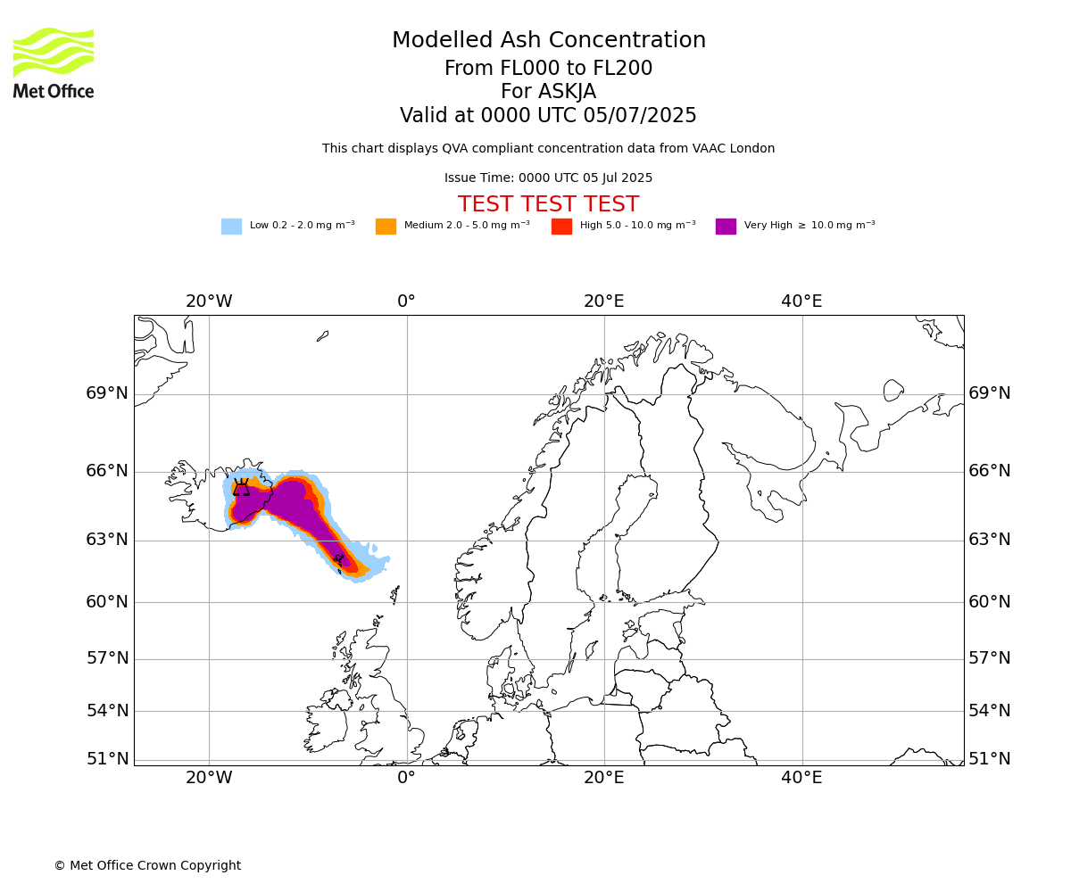 Modelled ash concentration from 000 to 200 for ASKJA. Valid at 0000 UTC 05/07/2025
