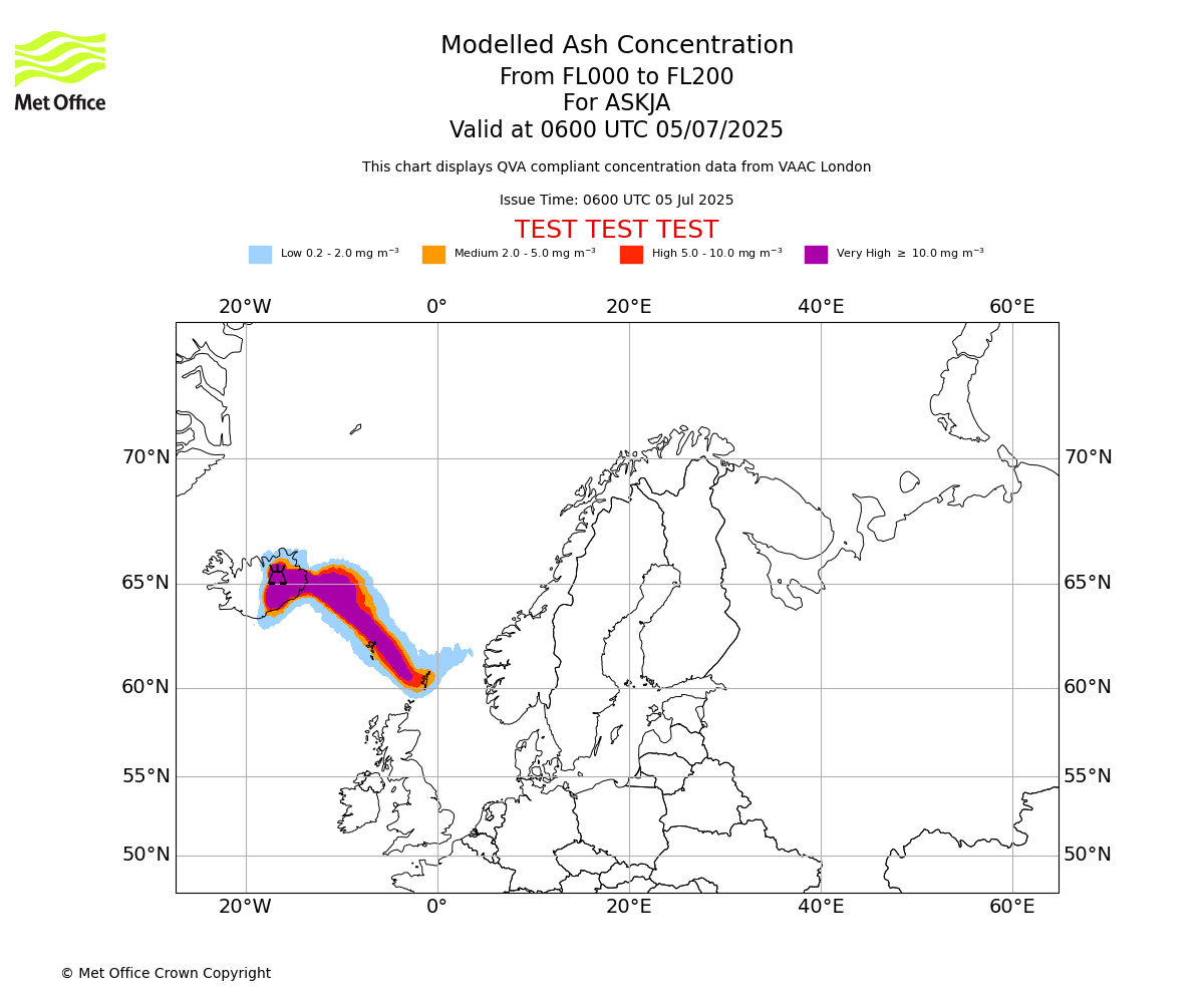 Modelled ash concentration from 000 to 200 for ASKJA. Valid at 0600 UTC 05/07/2025