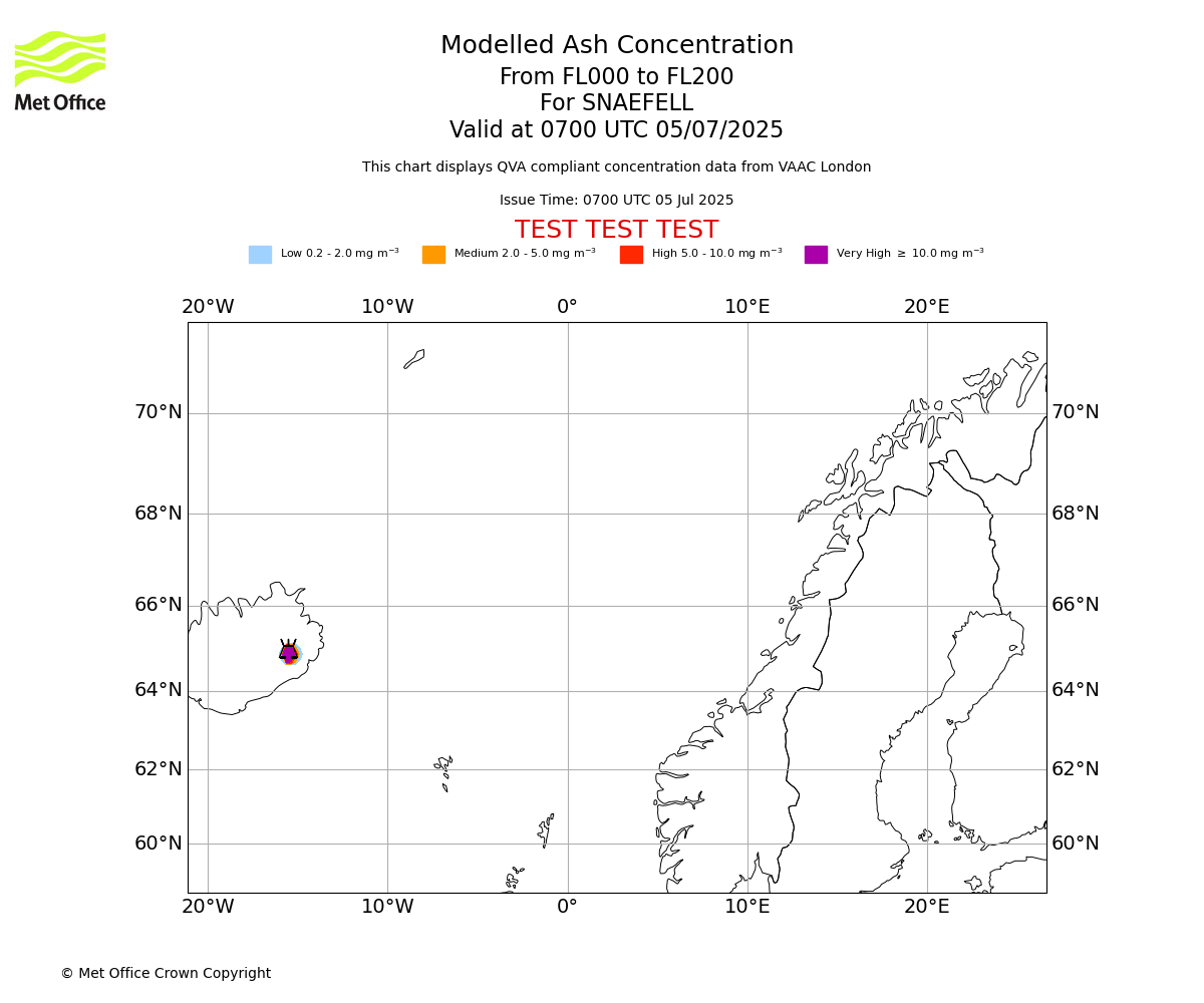 Modelled ash concentration from 000 to 200 for SNAEFELL. Valid at 0700 UTC 05/07/2025