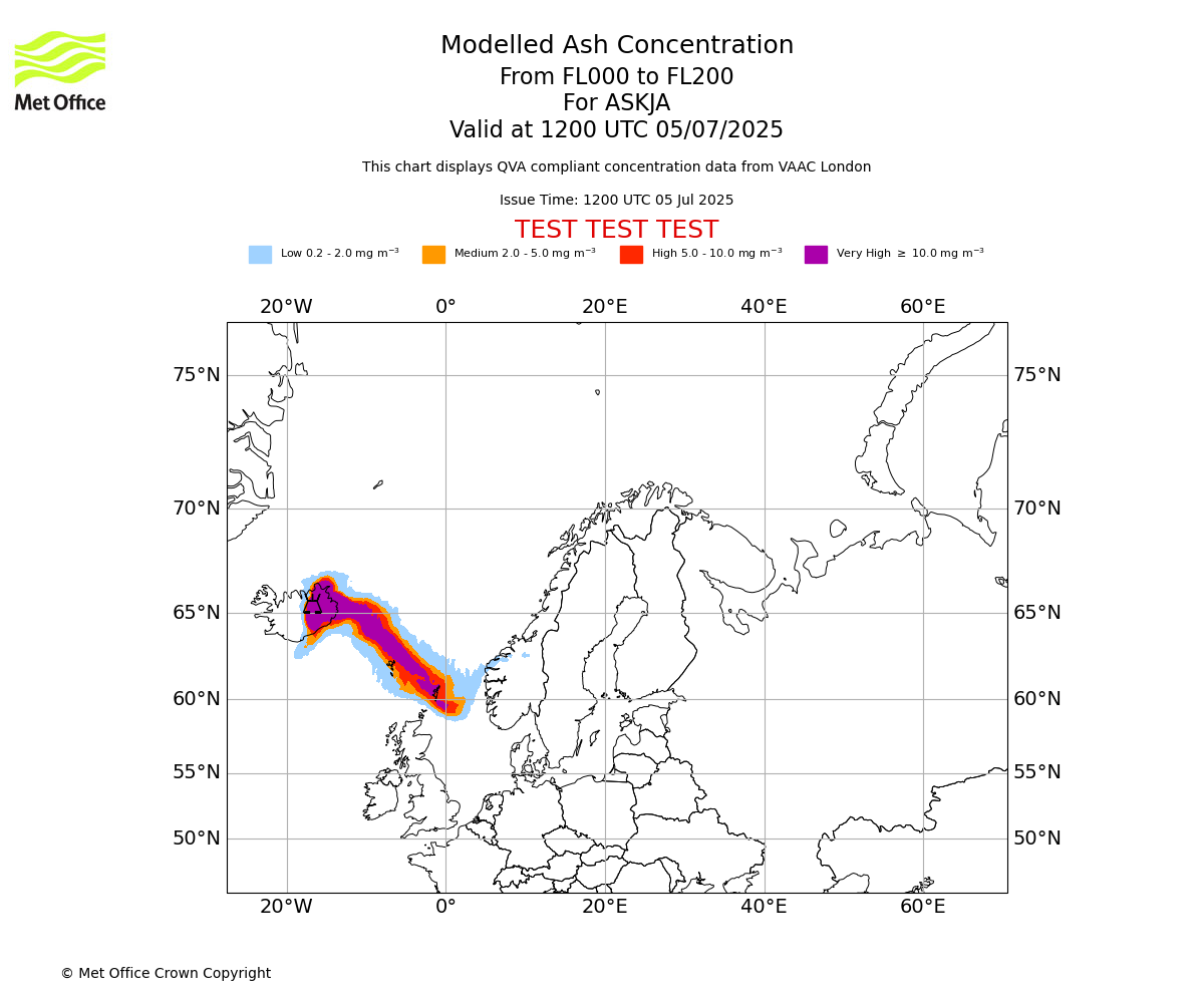 Modelled ash concentration from 000 to 200 for ASKJA. Valid at 1200 UTC 05/07/2025
