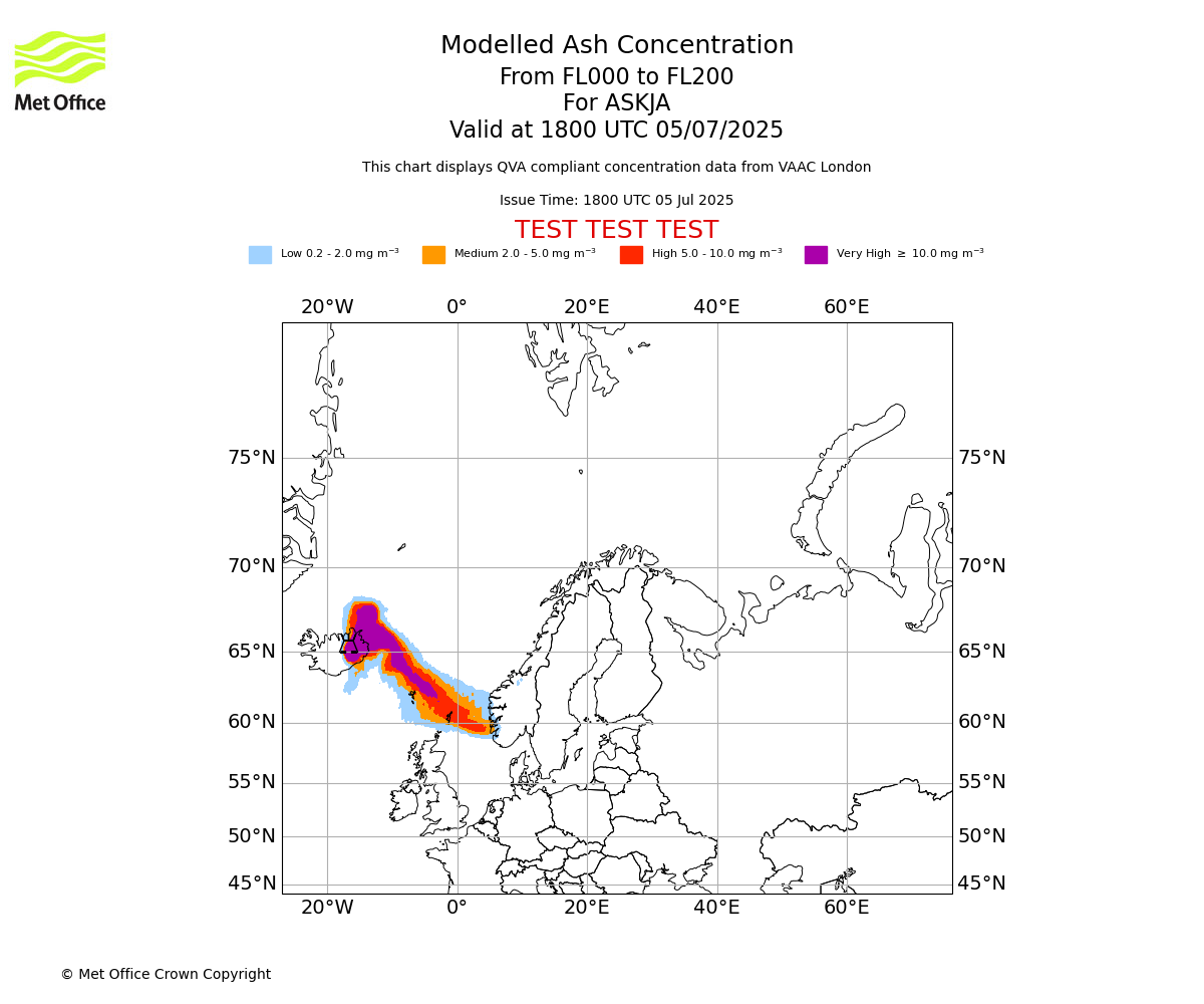 Modelled ash concentration from 000 to 200 for ASKJA. Valid at 1800 UTC 05/07/2025