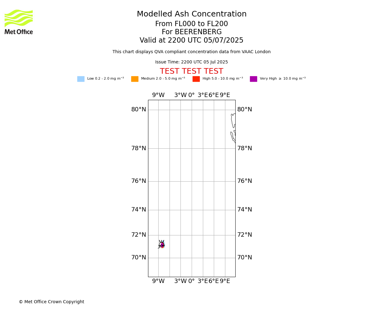 Modelled ash concentration from 000 to 200 for BEERENBERG. Valid at 2200 UTC 05/07/2025
