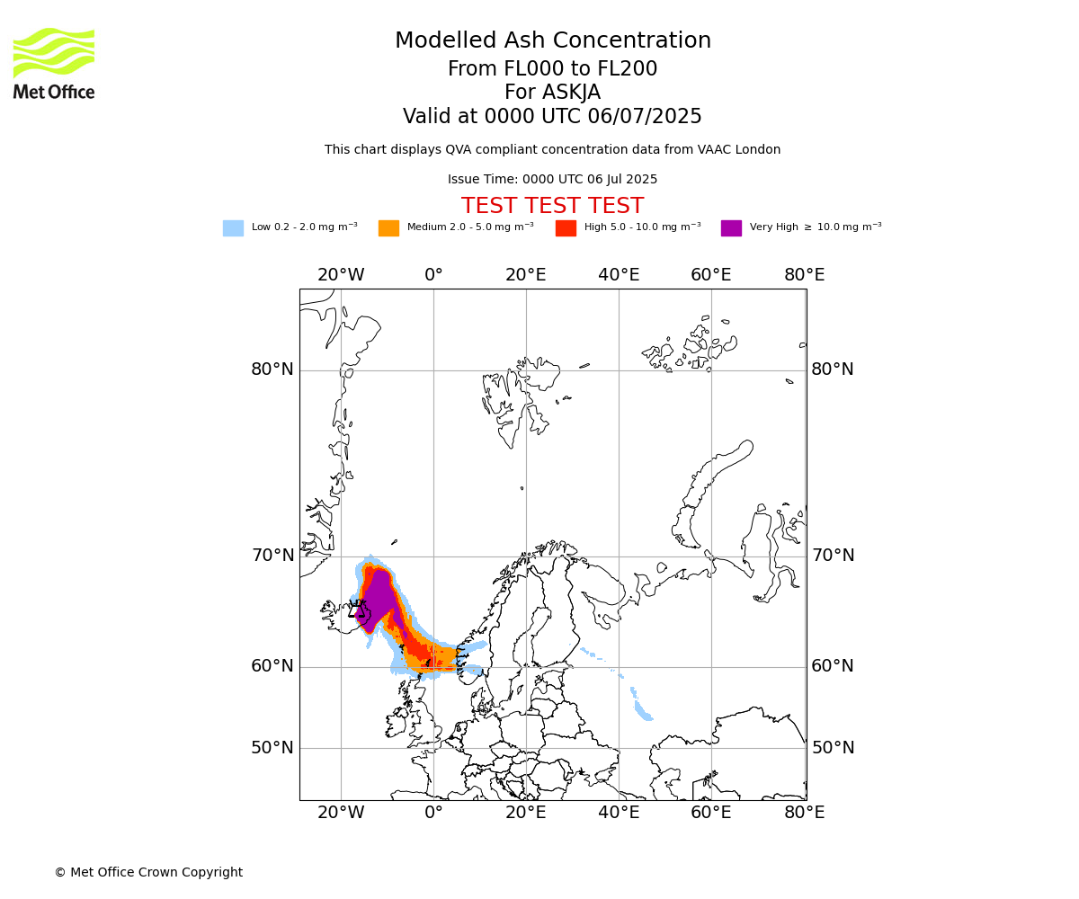 Modelled ash concentration from 000 to 200 for ASKJA. Valid at 0000 UTC 06/07/2025