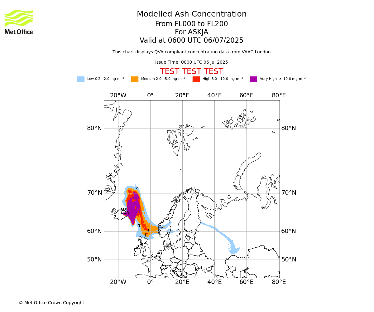 Modelled ash concentration from 000 to 200 for ASKJA. Valid at 0600 UTC 06/07/2025