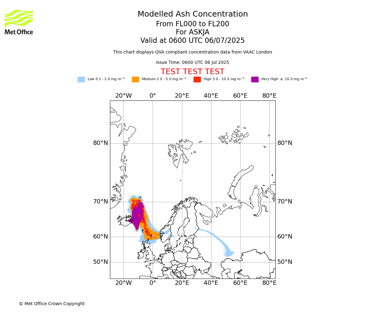 Modelled ash concentration from 000 to 200 for ASKJA. Valid at 0600 UTC 06/07/2025