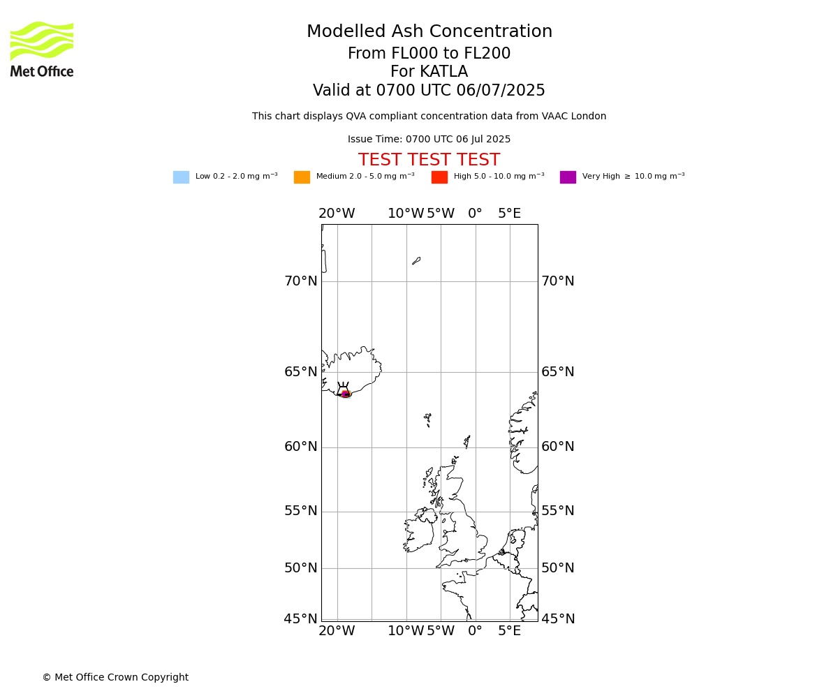Modelled ash concentration from 000 to 200 for KATLA. Valid at 0700 UTC 06/07/2025