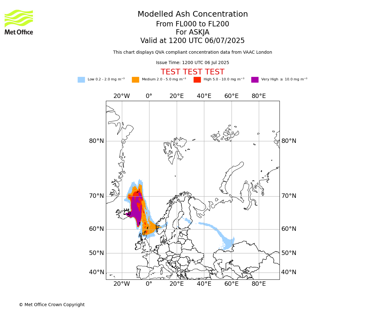 Modelled ash concentration from 000 to 200 for ASKJA. Valid at 1200 UTC 06/07/2025