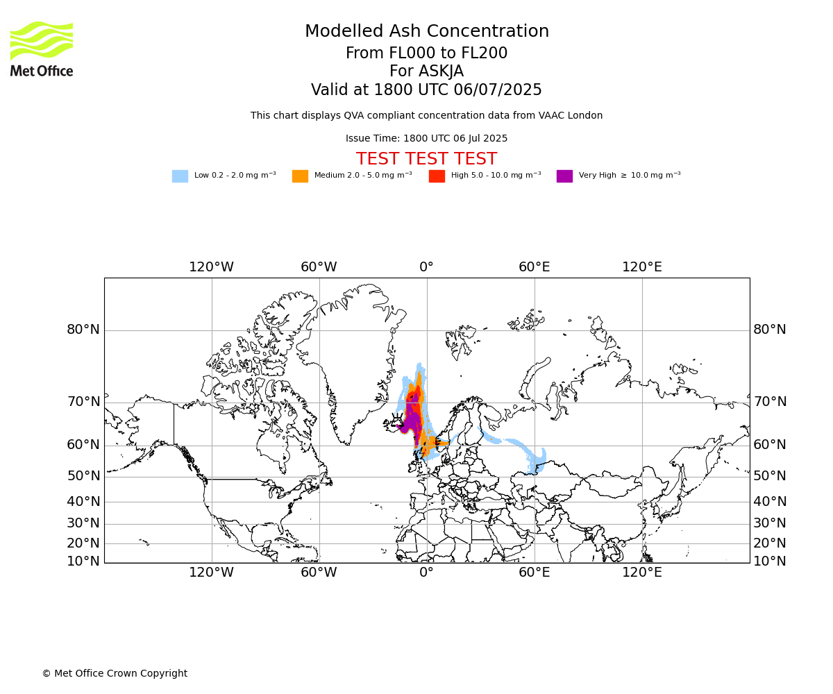 Modelled ash concentration from 000 to 200 for ASKJA. Valid at 1800 UTC 06/07/2025