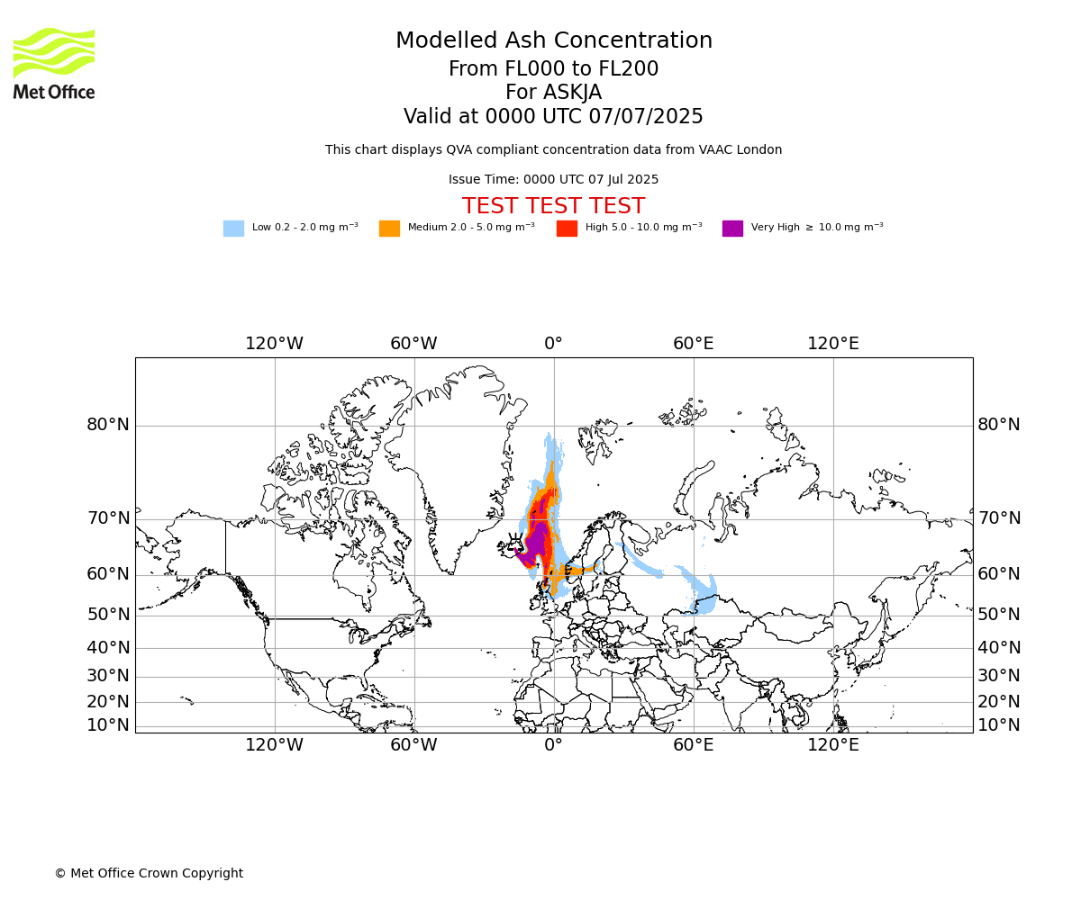 Modelled ash concentration from 000 to 200 for ASKJA. Valid at 0000 UTC 07/07/2025