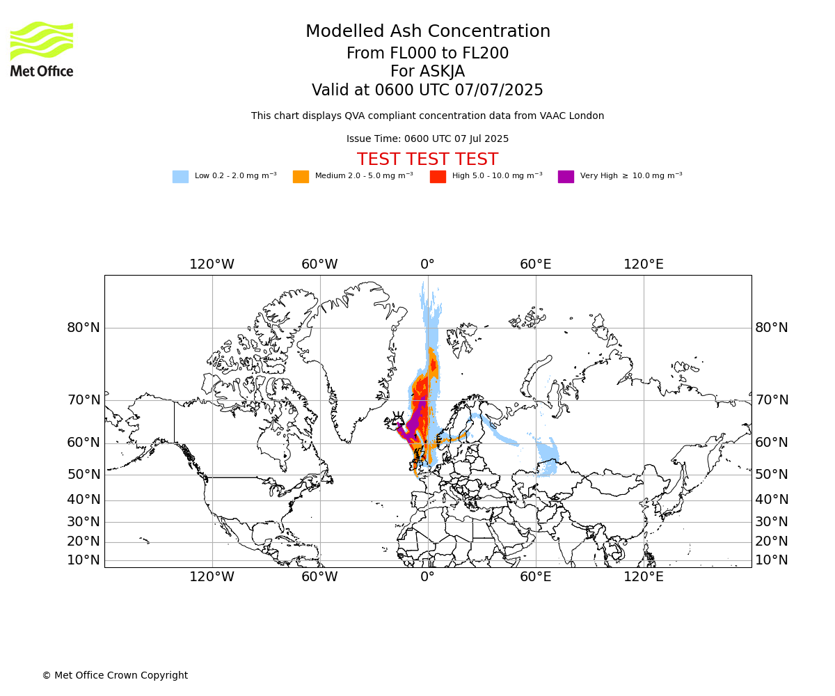 Modelled ash concentration from 000 to 200 for ASKJA. Valid at 0600 UTC 07/07/2025
