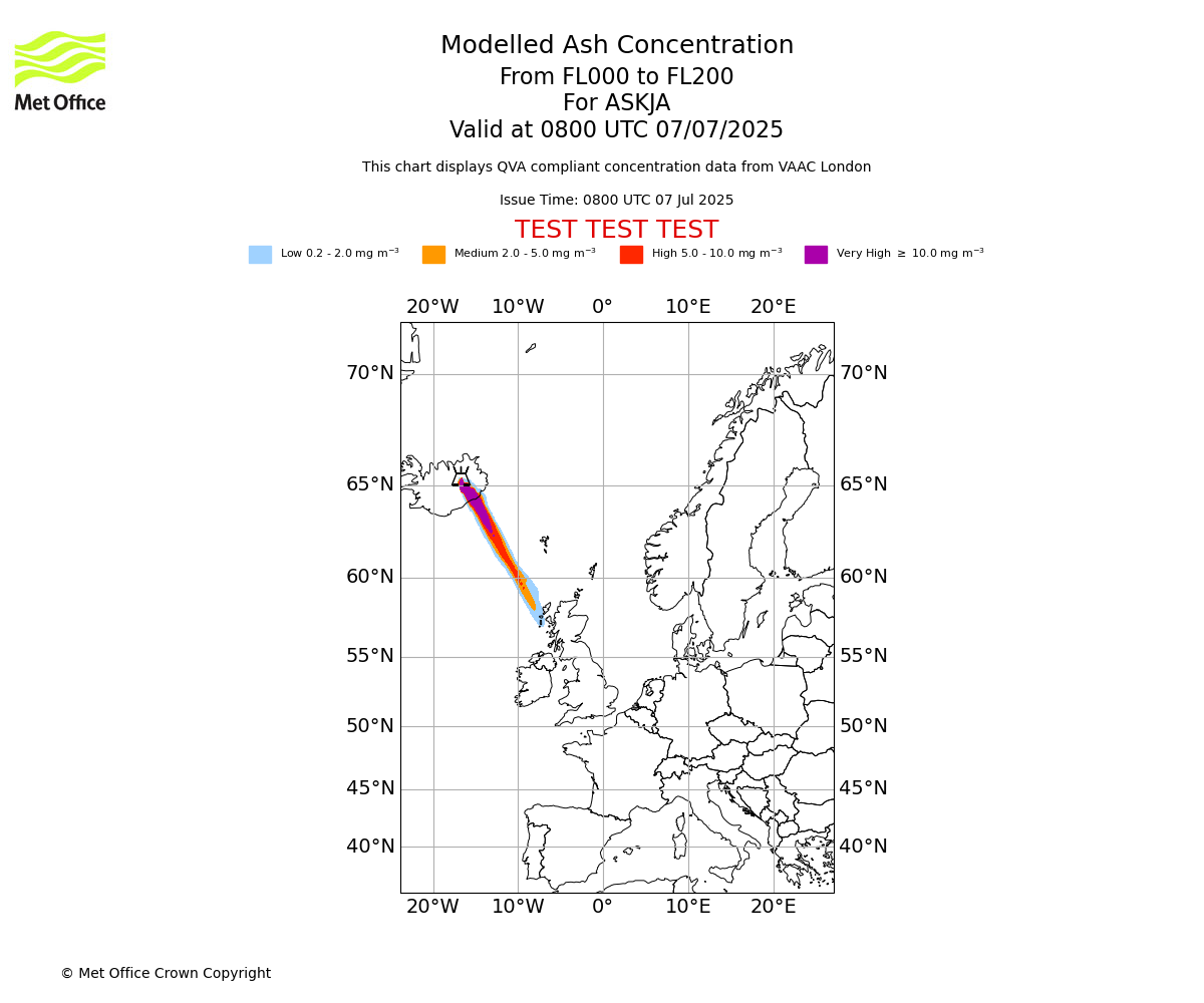 Modelled ash concentration from 000 to 200 for ASKJA. Valid at 0800 UTC 07/07/2025