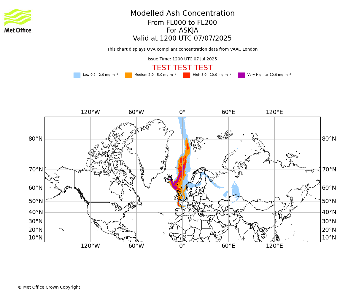 Modelled ash concentration from 000 to 200 for ASKJA. Valid at 1200 UTC 07/07/2025