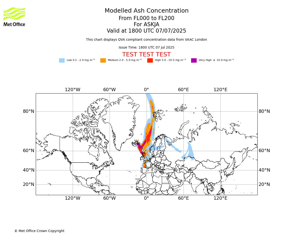 Modelled ash concentration from 000 to 200 for ASKJA. Valid at 1800 UTC 07/07/2025
