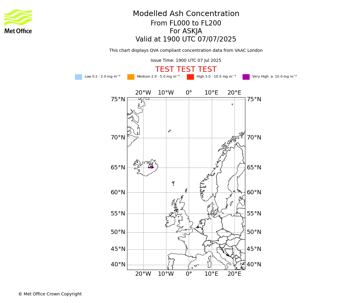 Modelled ash concentration from 000 to 200 for ASKJA. Valid at 1900 UTC 07/07/2025