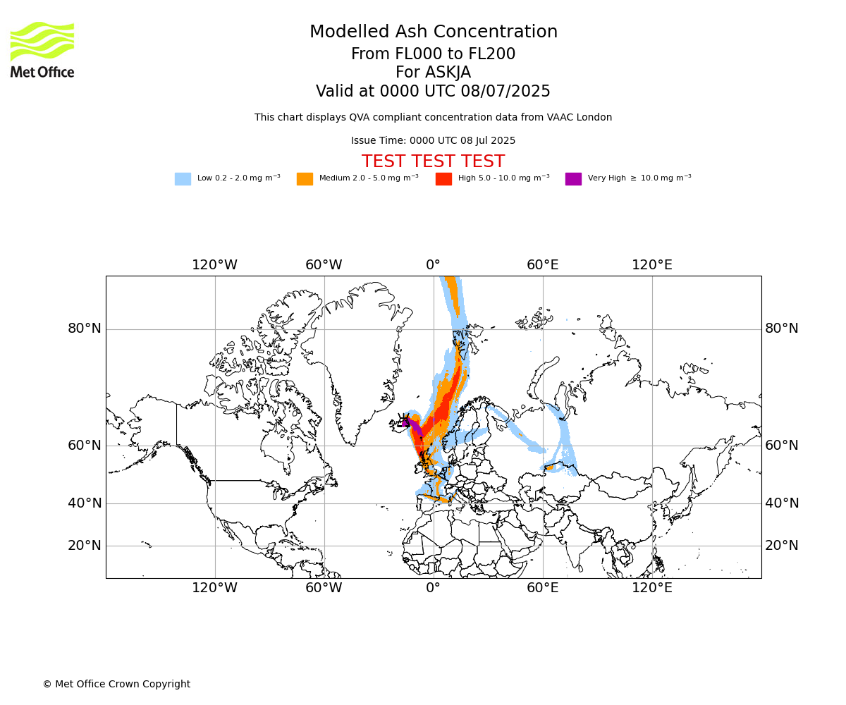 Modelled ash concentration from 000 to 200 for ASKJA. Valid at 0000 UTC 08/07/2025