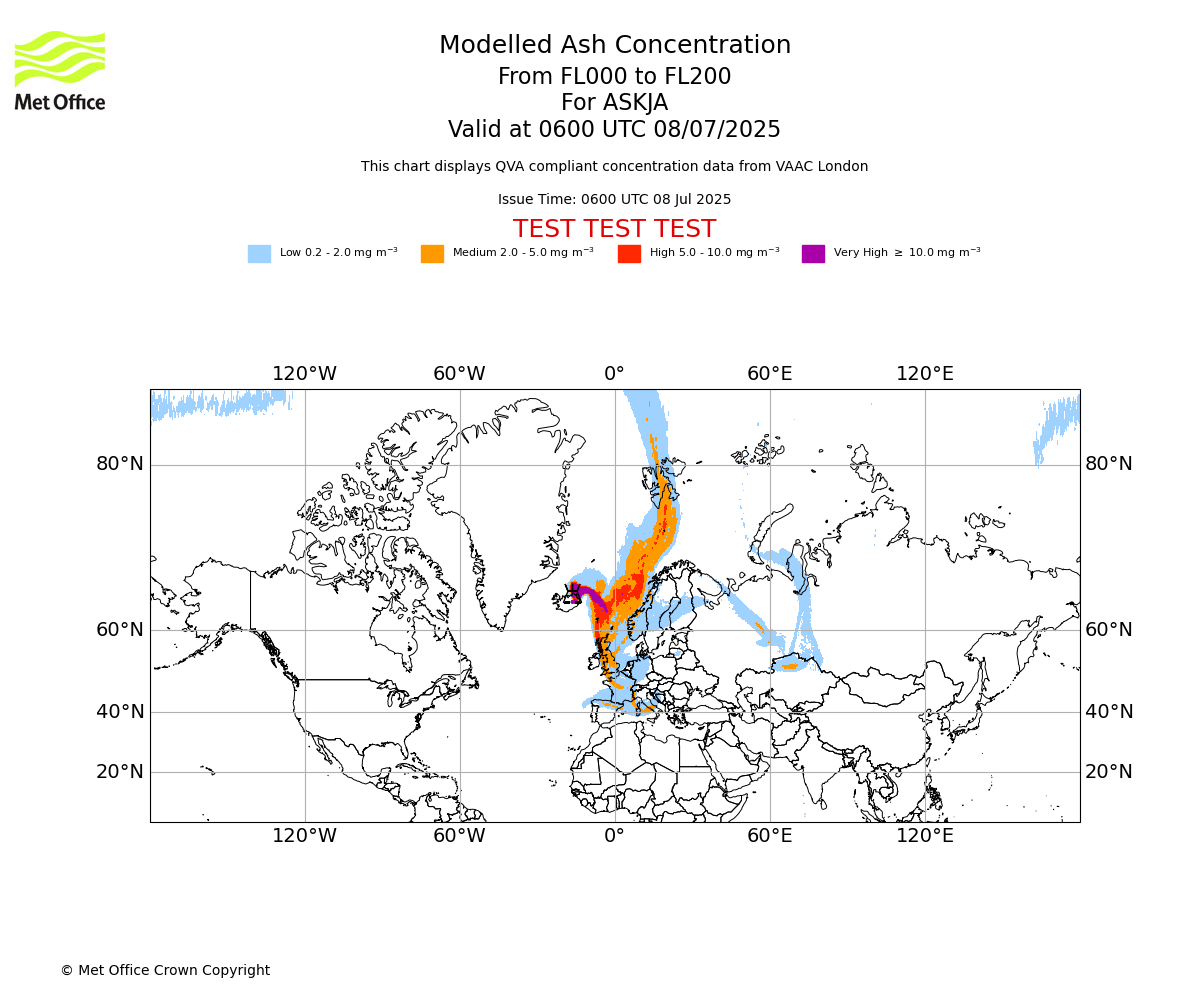 Modelled ash concentration from 000 to 200 for ASKJA. Valid at 0600 UTC 08/07/2025