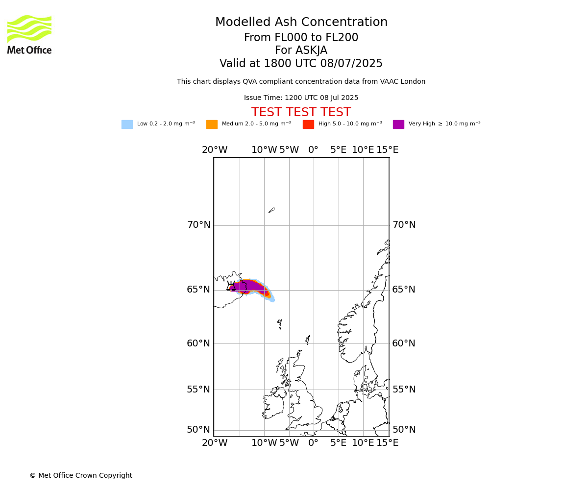 Modelled ash concentration from 000 to 200 for ASKJA. Valid at 1800 UTC 08/07/2025