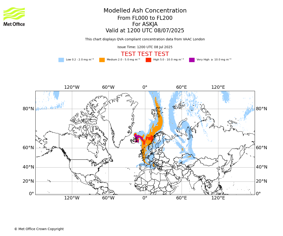 Modelled ash concentration from 000 to 200 for ASKJA. Valid at 1200 UTC 08/07/2025
