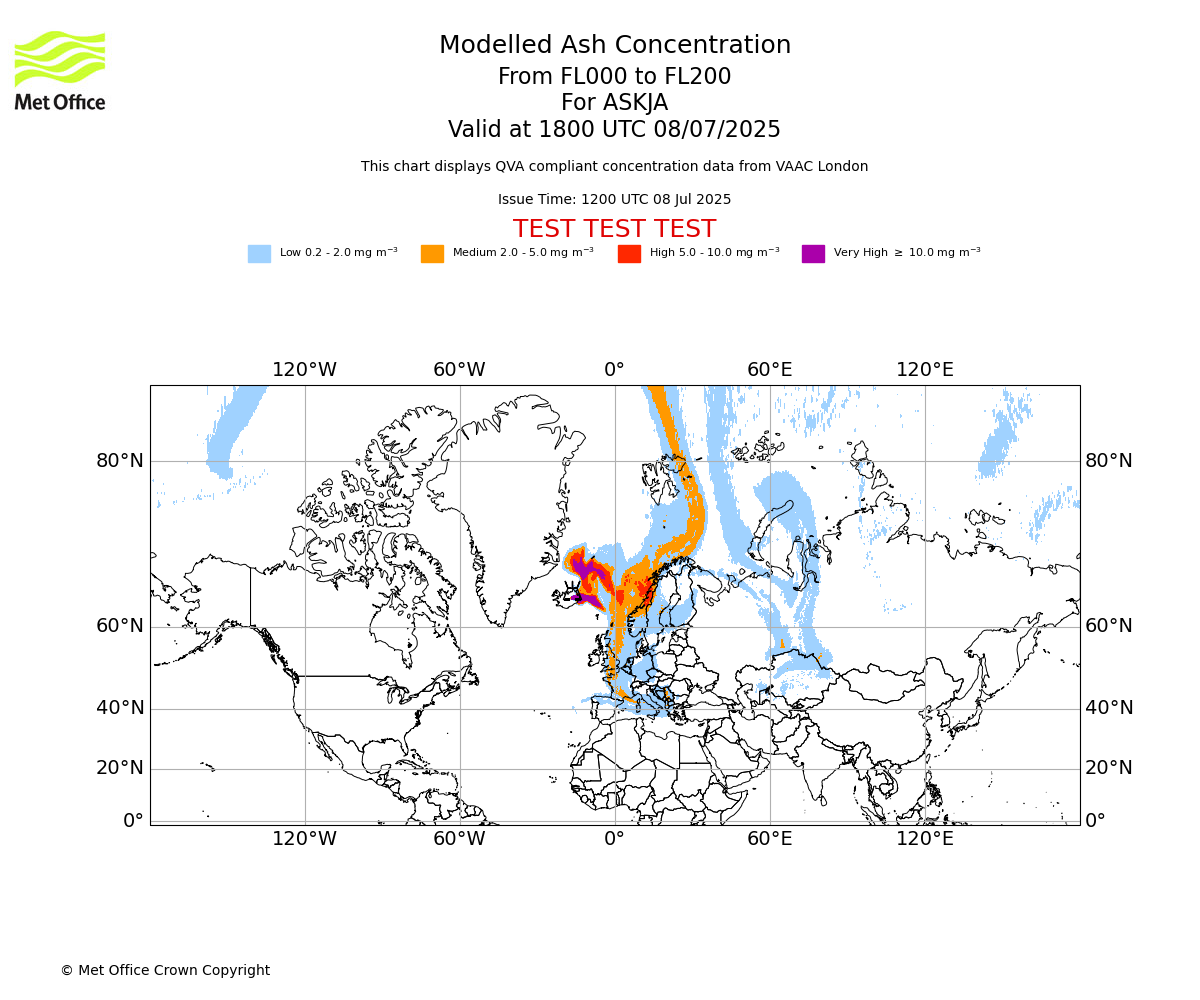 Modelled ash concentration from 000 to 200 for ASKJA. Valid at 1800 UTC 08/07/2025