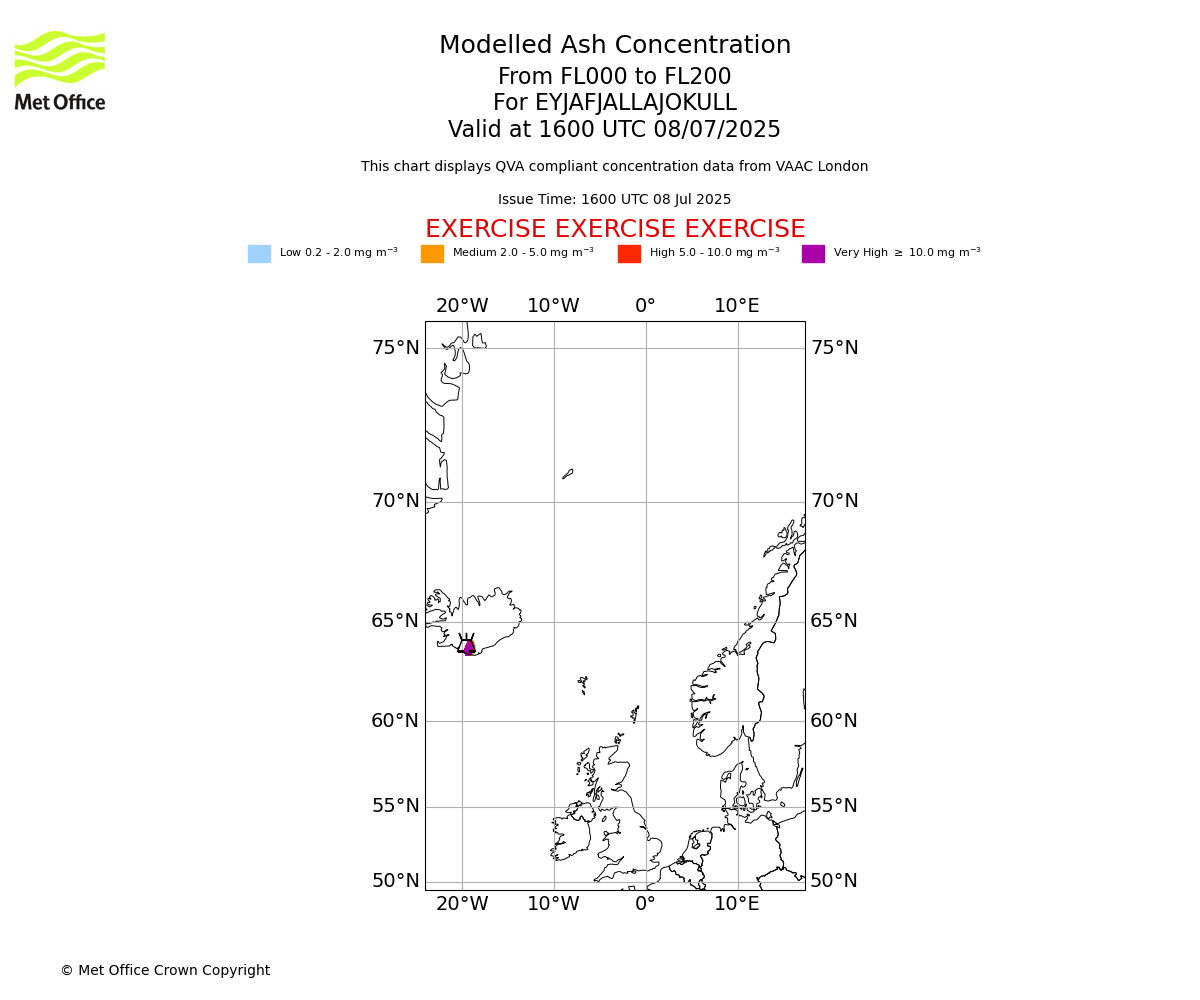 Modelled ash concentration from 000 to 200 for EYJAFJALLAJOKULL. Valid at 1600 UTC 08/07/2025