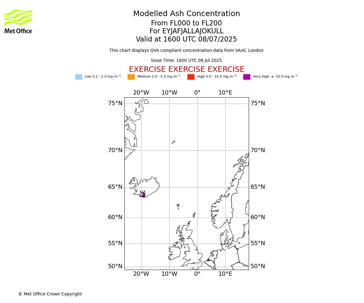 Modelled ash concentration from 000 to 200 for EYJAFJALLAJOKULL. Valid at 1600 UTC 08/07/2025